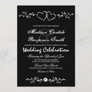 Convites para Casamento Branco e Preto de Corações