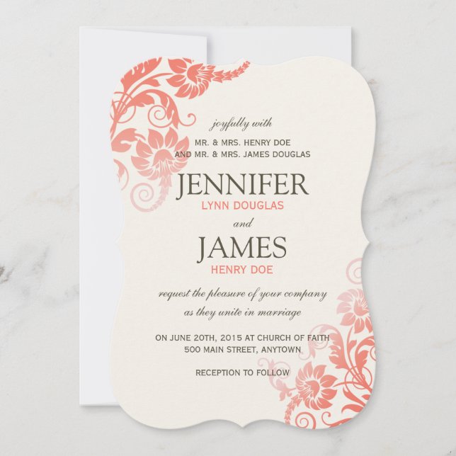 Convites para Casamento Clássico de Coral de Ombre (Frente)