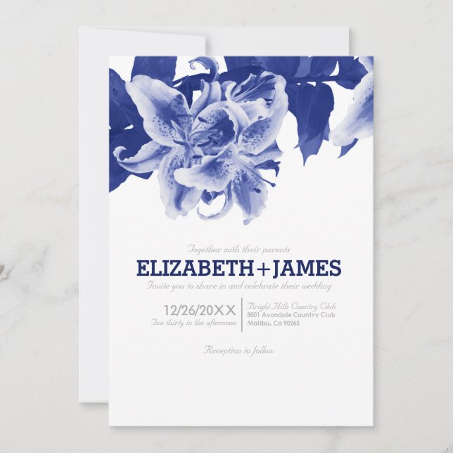 Convites para Casamento com Flor Azul Marinho (Frente)