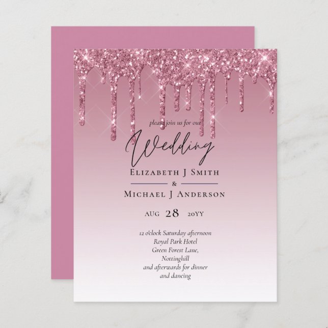 Convites para Casamento com Luminosas Rosa BUDGET (Frente/Verso)