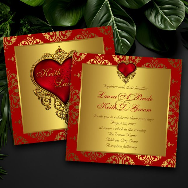 Convites para Casamento Coração Dourado e Vermelho (Beautiful red and gold heart wedding and any occasion invitation. Simply add your event details.)
