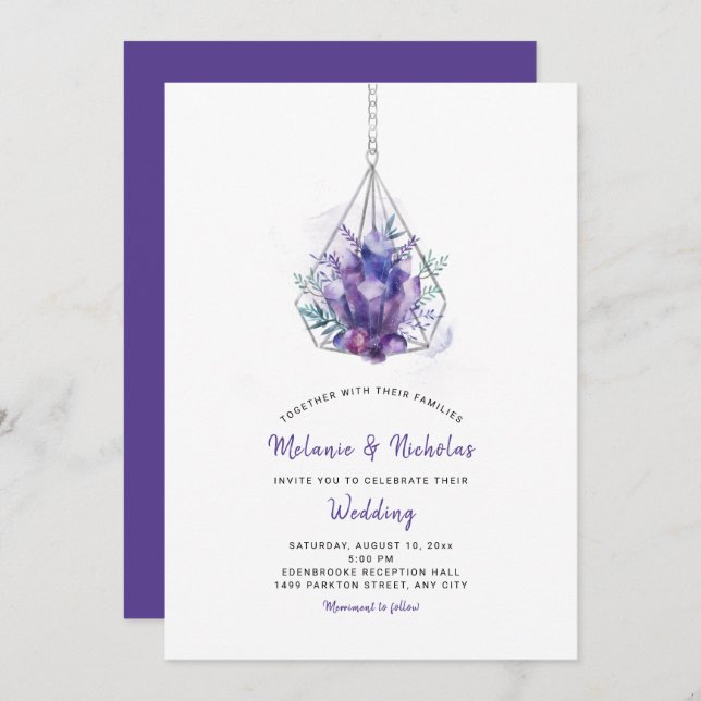 Convites para Casamento Cristal Violeta, roxo (Frente/Verso)