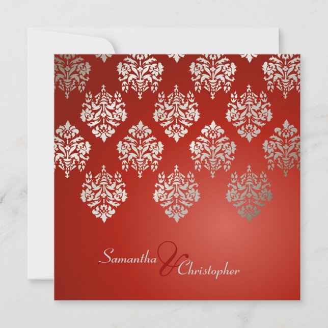 Convites para casamento Damask/ruby red/faux prata (Frente)