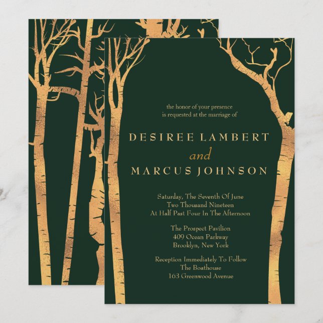 Convites para Casamento de Árvores de Aves Dourada (Frente/Verso)