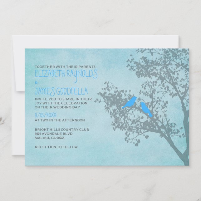 Convites para Casamento de Aves Azuis Rústicas (Frente)