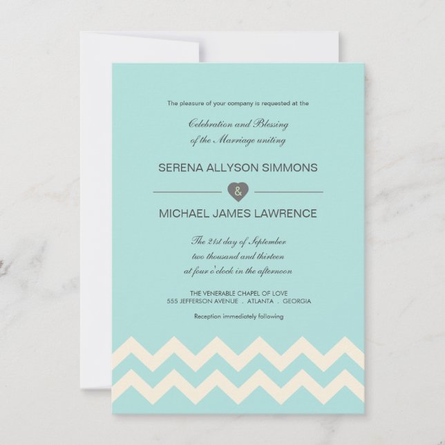 Convites para Casamento de Azul e Ivory Chevron (Frente)