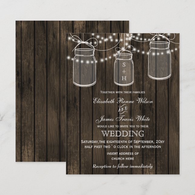 Convites para Casamento de Barnwood Mason Jars (Frente/Verso)