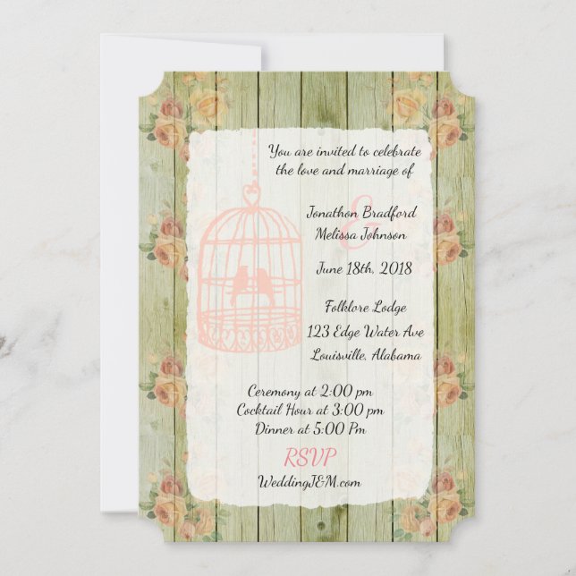 Convites para Casamento de Birdcage Floral Rustic (Frente)