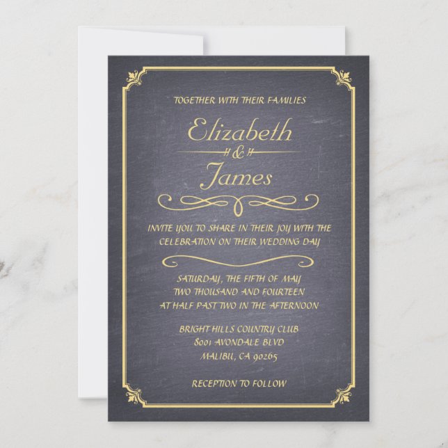 Convites para Casamento de Chalkboard Preto e Dour (Frente)