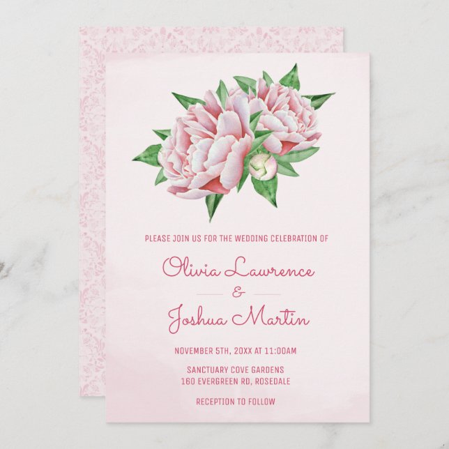Convites para Casamento de Cor d'Água Pink Peony (Frente/Verso)