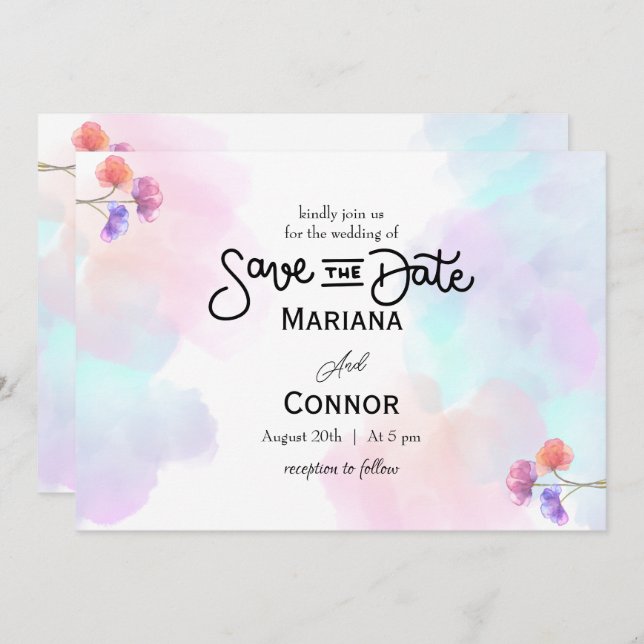 Convites para Casamento de Cor-de-Rosa e Azul (Frente/Verso)