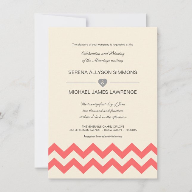 Convites para Casamento de Coral e Ivory Chevron (Frente)