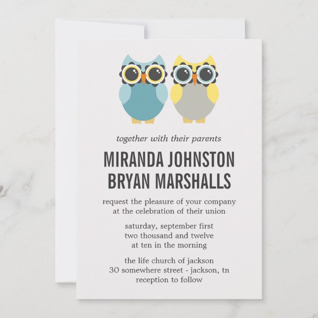 Convites para Casamento de Design de Corujas Azuis (Frente)