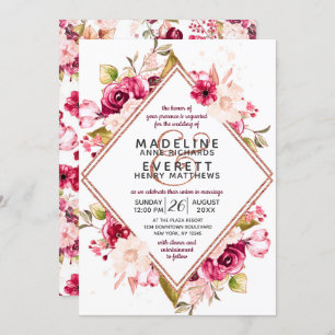Convites para Casamento de Diamantes Floral e Rosa