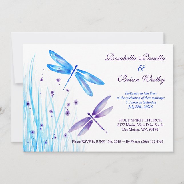 Convites para Casamento de Dragonfly - Blue Waterc (Frente)