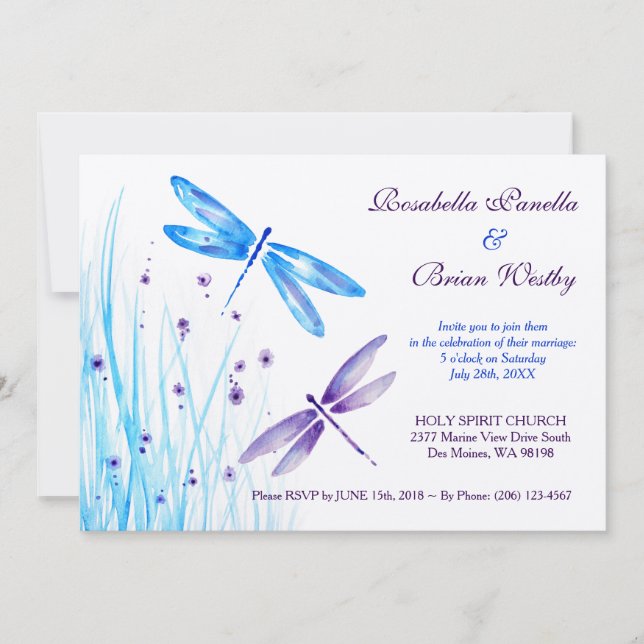 Convites para Casamento de Dragonfly - Blue Waterc (Frente)