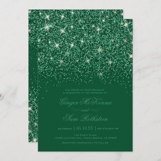 Convites para Casamento de Emerald Glitter (Frente/Verso)