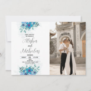 Convites para Casamento de Flor Verde Azul com Fot