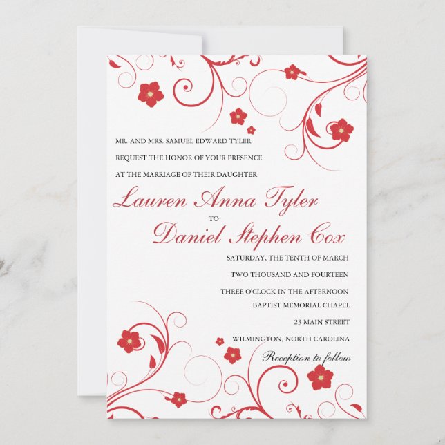 Convites para casamento de flores e espirais verme (Frente)