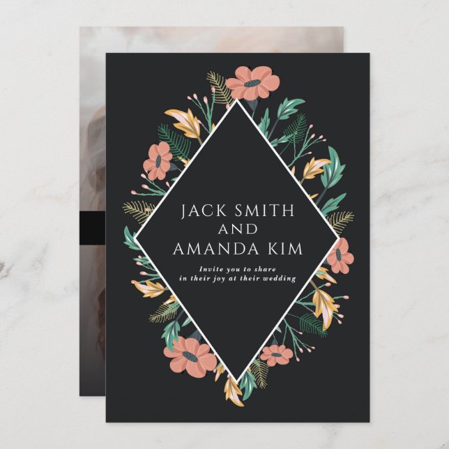 Convites para Casamento de Flores Negra Elegante (Frente/Verso)