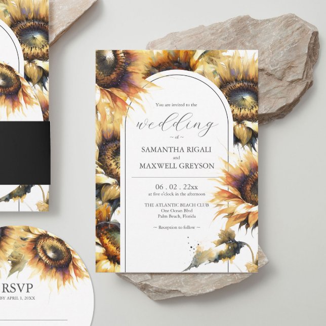 Convites para Casamento de Girassol Amarelo-Amarel (Stacked wedding invitations rustic watercolor sunflower design by Do Tell A Belle.)