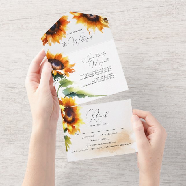 Convites para casamento de girassol com RSVP (Aba destacável)