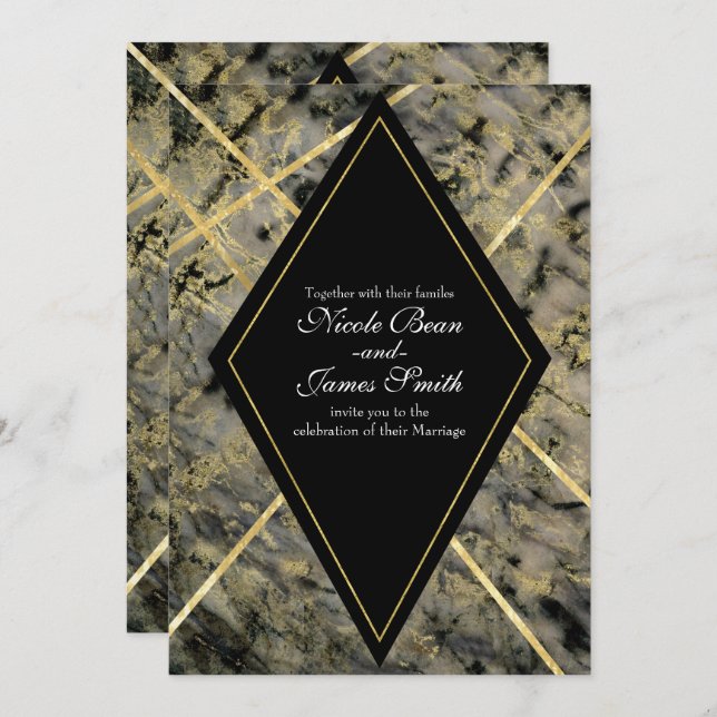 Convites para Casamento de Glam Marble Preto e Dou (Frente/Verso)