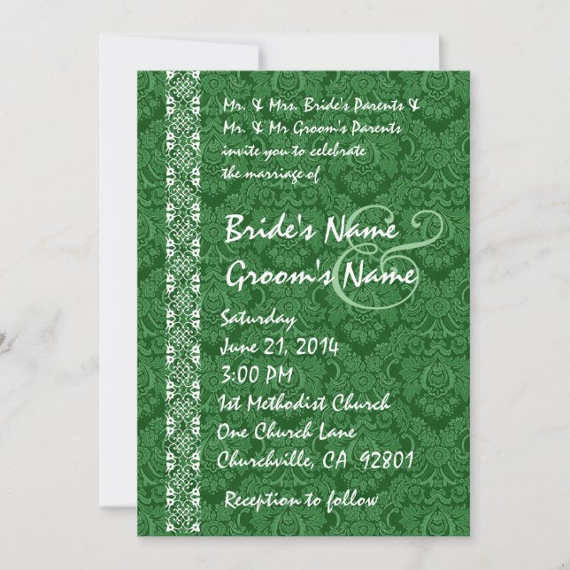 Convites para Casamento de Kelly Green Damask Lace (Frente)