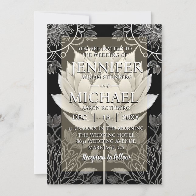 Convites para Casamento de Lotus Preto e Branco (Frente)