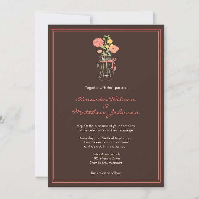 Convites para Casamento de Marrom e Coral Mason Ja (Frente)