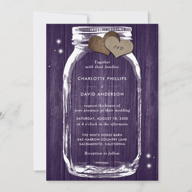 Convites para Casamento de Mason Jar, Roxo Rústico (Frente)