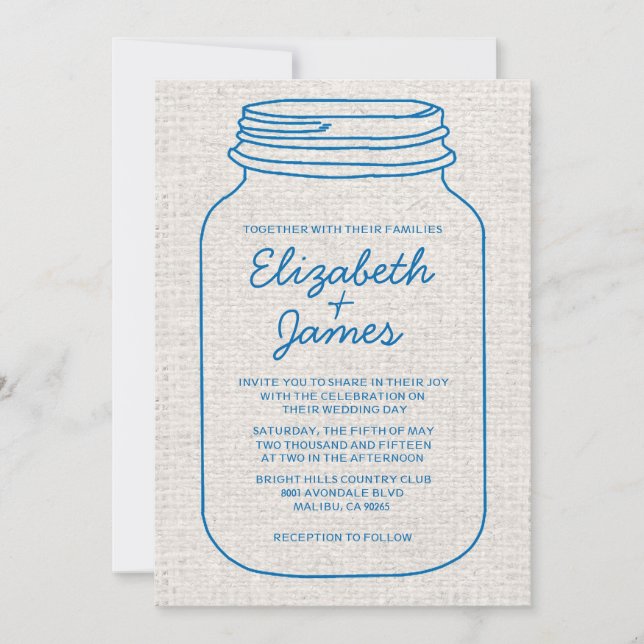 Convites para Casamento de Mason Jar Russo Azul e  (Frente)