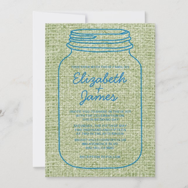 Convites para Casamento de Mason Jar Russo Azul e  (Frente)