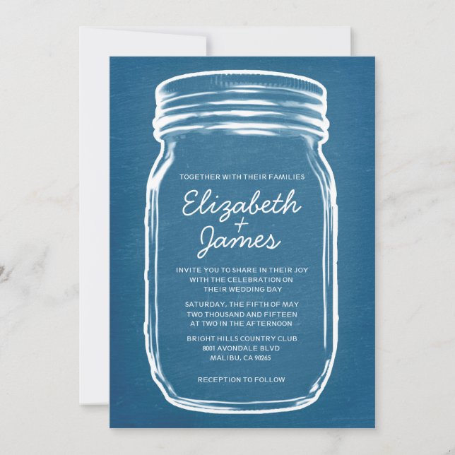 Convites para Casamento de Mason Jar Vintage Azul  (Frente)