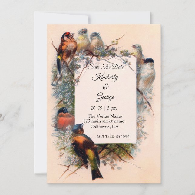 Convites para Casamento de Moldes de Aves Vintage (Frente)