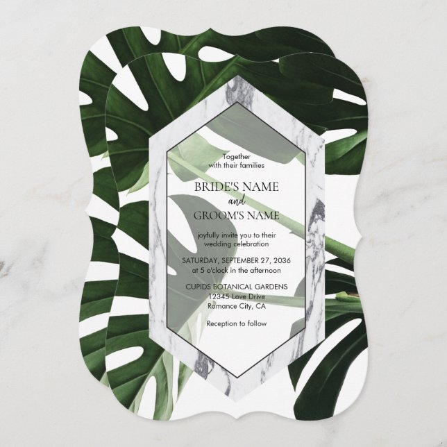 Convites para Casamento de Monstera Marble Tropica (Frente/Verso)