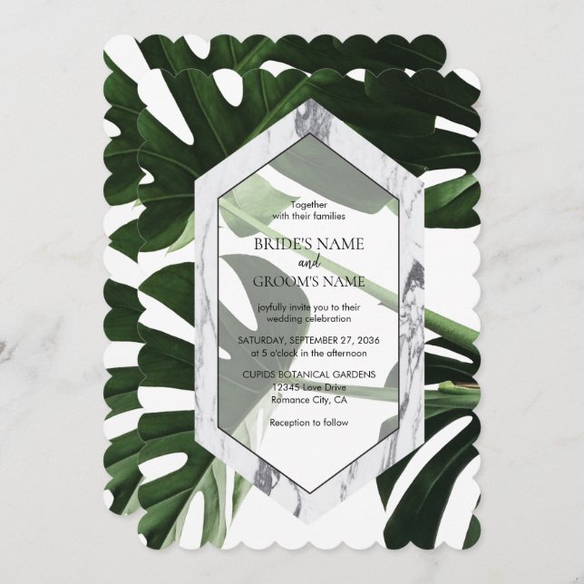 Convites para Casamento de Monstera Marble Tropica (Frente/Verso)