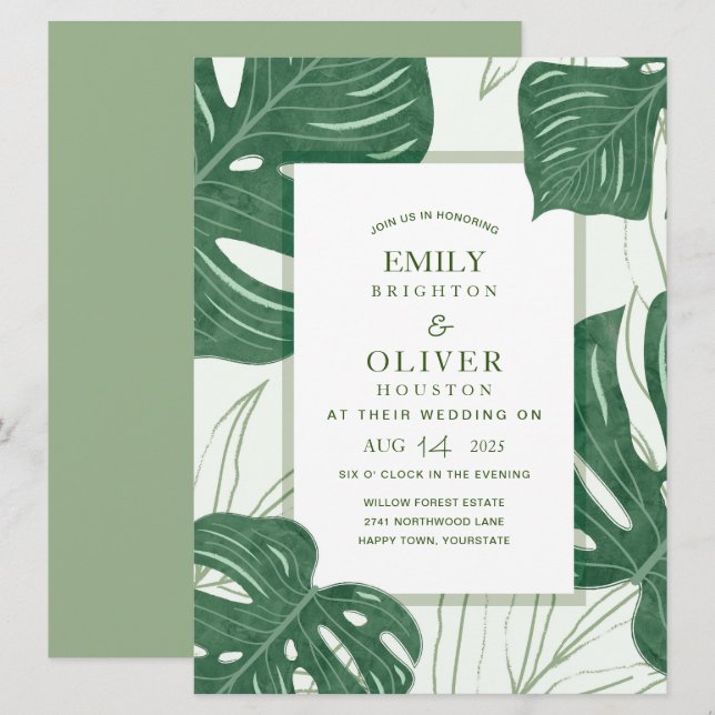 Convites para casamento de monstera tropical (Frente/Verso)