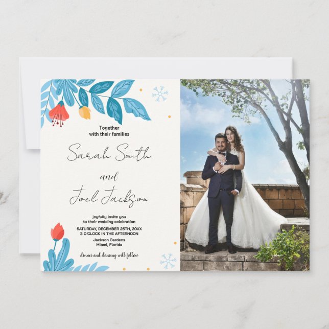 Convites para Casamento de Neve Floral Laranja com (Frente)