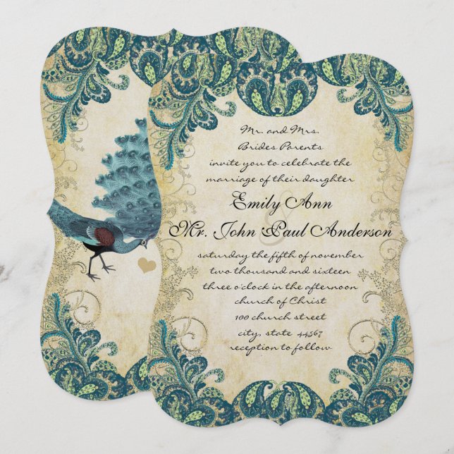 Convites para Casamento de Pavões Azul Azul Verde  (Frente/Verso)