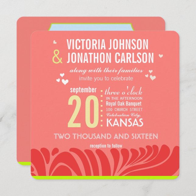 Convites para Casamento de Peach, Limão e Arte Ber (Frente/Verso)