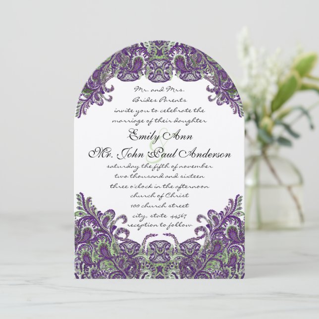 Convites para Casamento de Peacock Purple & Green (Em pé/Frente)