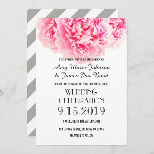 Convites para Casamento de Peônias de Cinzas rosa (Frente/Verso)
