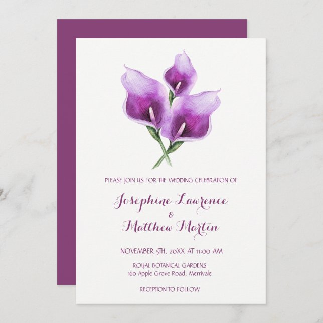 Convites para Casamento de Purple Calla Lily Monog (Frente/Verso)