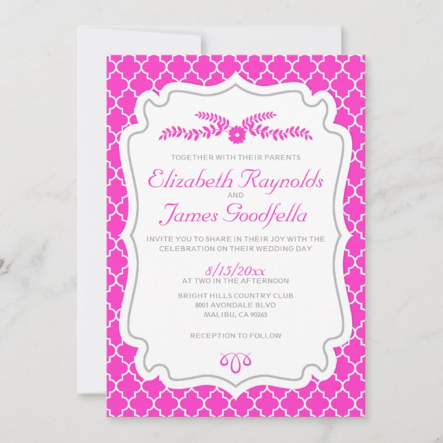 Convites para Casamento de Quatrefoil Rosa Quente (Frente)