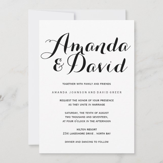Convites para Casamento de Script Branco e Preto (Frente)
