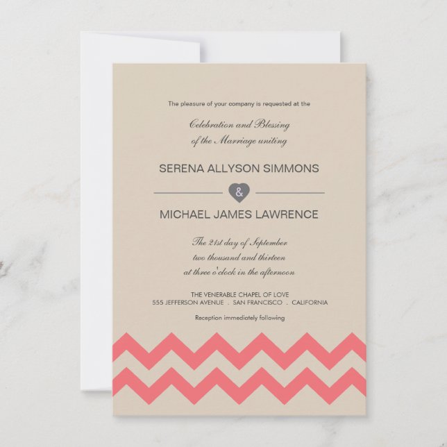 Convites para Casamento de Taupe e Coral Chevron (Frente)