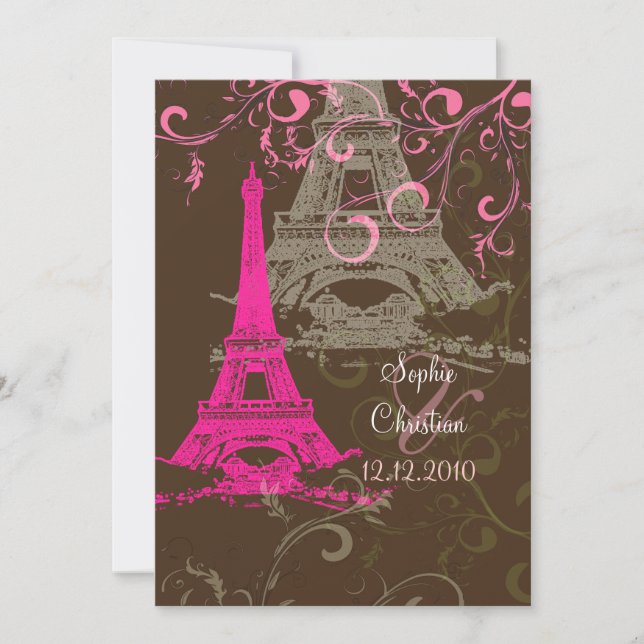 Convites para Casamento de Torre Eiffel/rosa/choco (Frente)