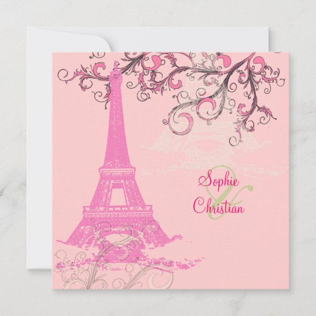 Convites para Casamento de Torre Eiffel/rosa/choco (Frente)