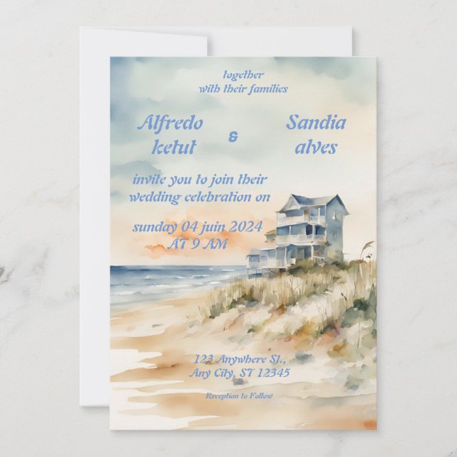 convites para casamento de verão praia mar azul (Frente)